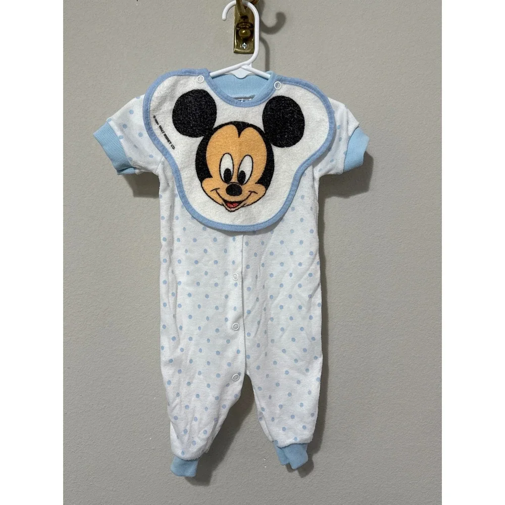 VTG 1984 Mickey Mouse Blue/White‎ Romper Removable Bib Playskool Medium/3-6M